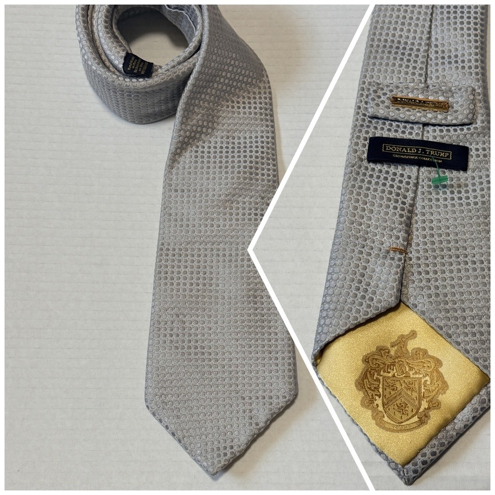 DONALD J TRUMP Signature Collection - Men's Tie -Silver Silk Geometric Textured